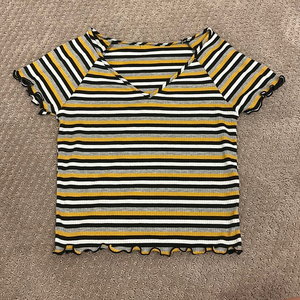 Yellow, black, white, and gray striped mini tee